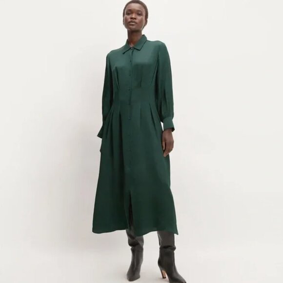 NEW Everlane Womens 12 Dark Green The Hammered Satin Shirt Dress Long Sleeve - Picture 1 of 14